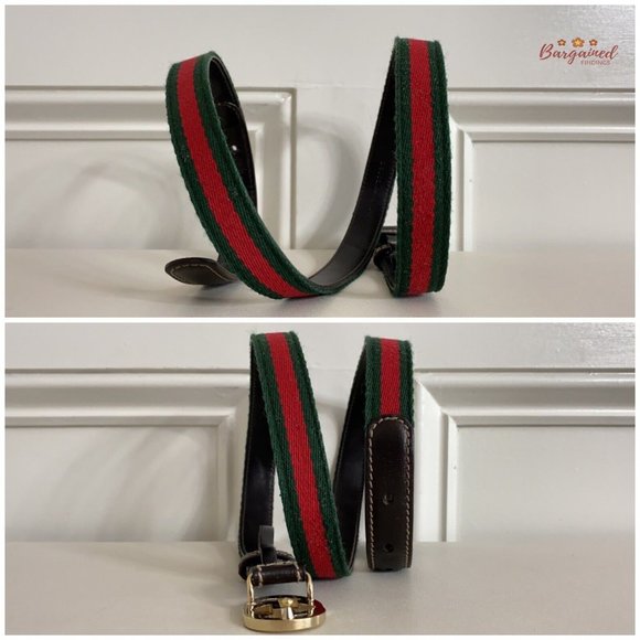 Authentic Gucci Web Canvas Brown Leather GoId Interlocking G Buckle Belt 85/34 - Picture 8 of 13